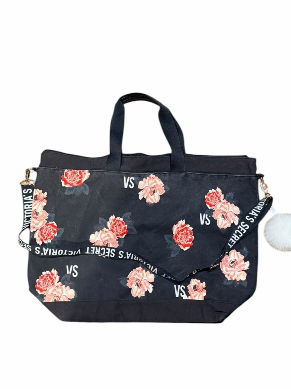 Victoria's Secret Black Floral Tote Large Pom Pom